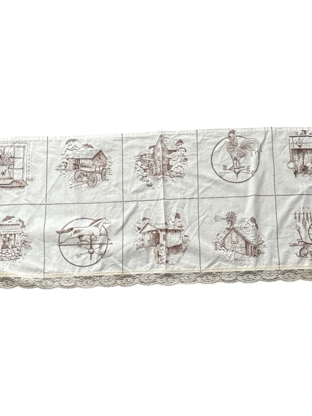 Vintage Farmhouse Embroidered Lace Valance in Cream and Brown